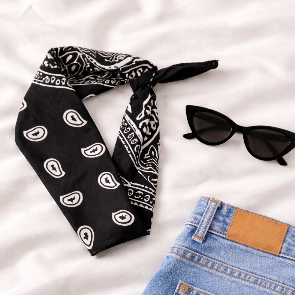 Black & White Paisley Bandana Scarf | Y2K Head Scarf Hair Tie Neck Scarf Unisex